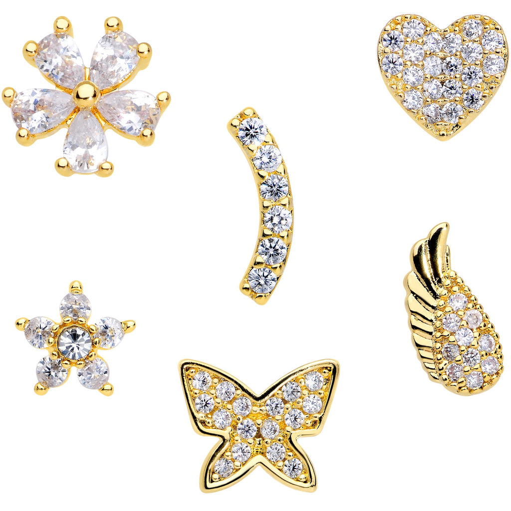 16G 1/4 CZ Gold Tone Internal Thread Labret Tragus Set of 6