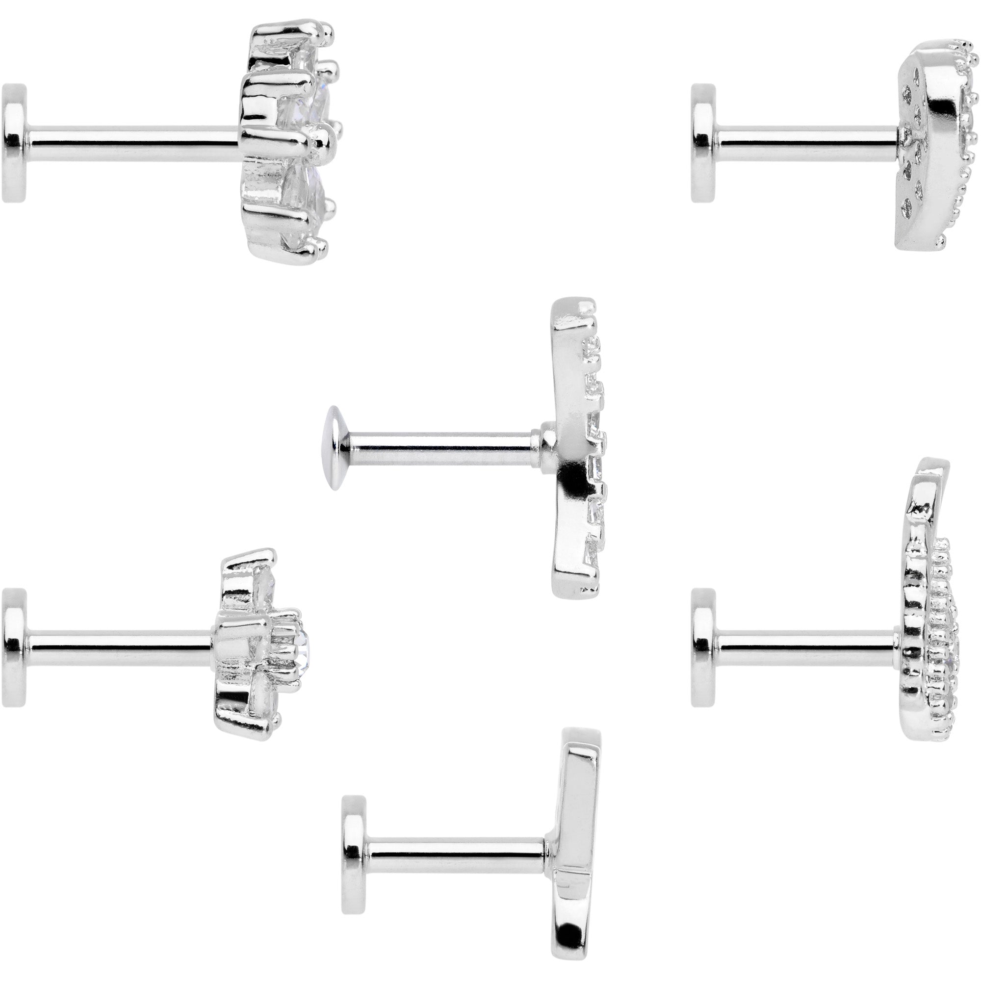 16G 1/4 CZ Gem Internal Thread Labret Tragus Set of 6