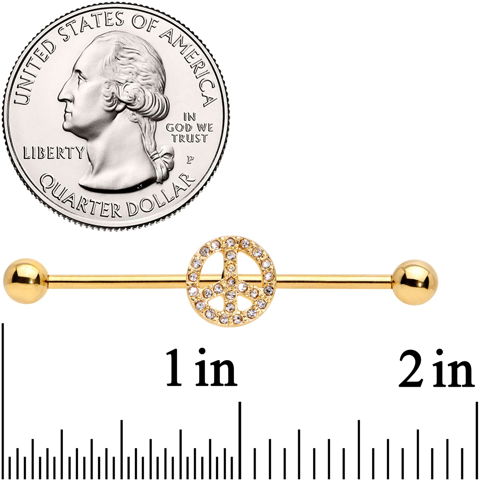 14G Clear Gem Gold Tone Peace Sign Industrial Barbell 38mm