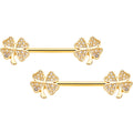 14G 9/16 Clear Gem Gold Tone Shamrock Barbell Nipple Ring Set