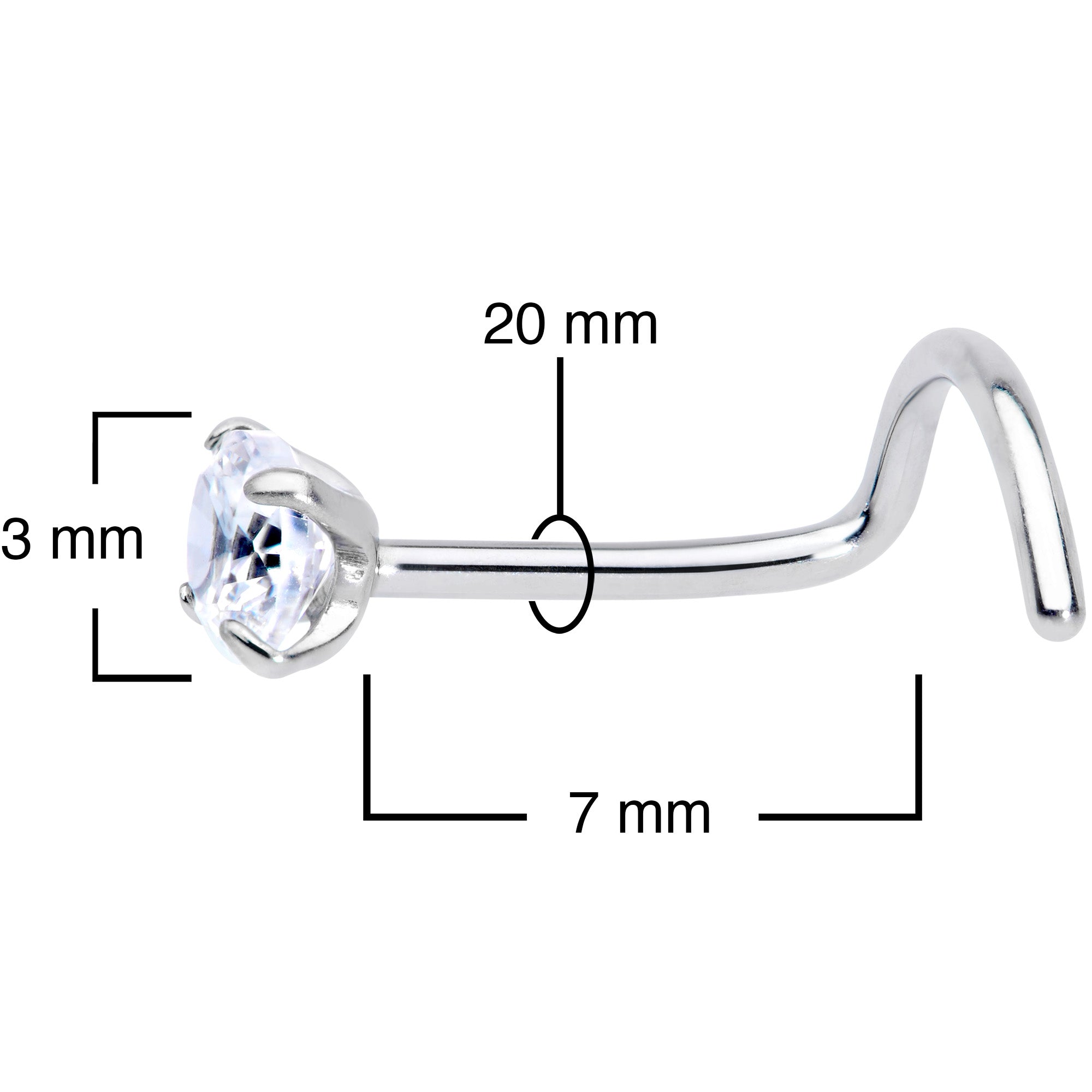 20G 7mm Clear 3mm CZ Gem Grade 23 Titanium Left Nose Ring Screw