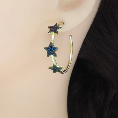 Colorful Multi Star Gold Hoop Earrings, Sku#LD495