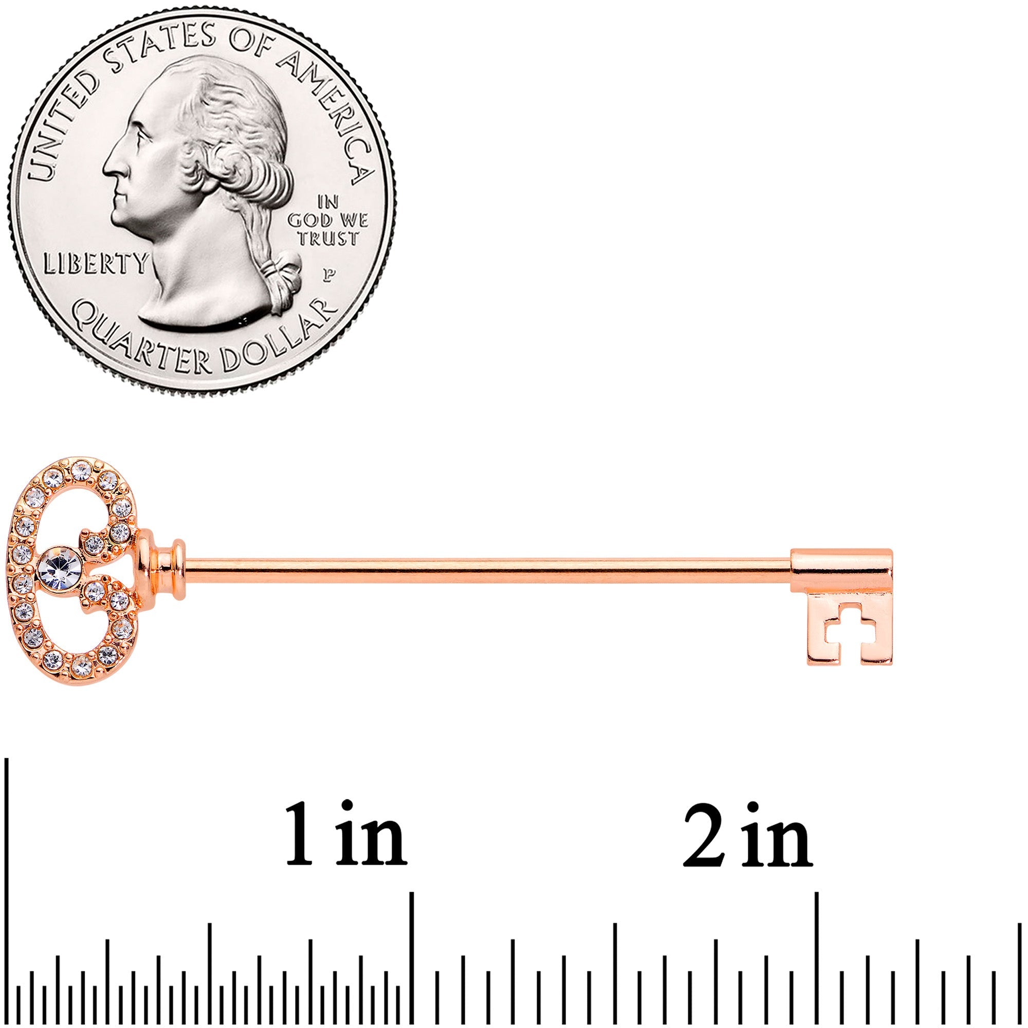 14G Clear CZ Gem Rose Gold Hue Love Key Industrial Barbell 38mm