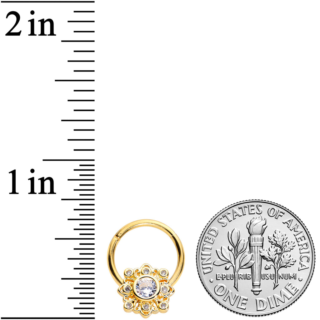 16G 3/8 Clear CZ Gem Gold Tone Regal Seal Hinged Segment Ring