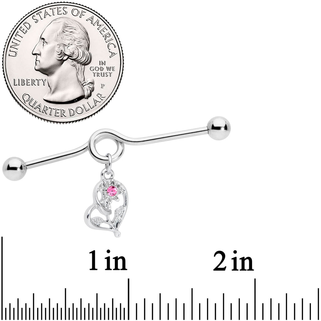 14G Pink Gem Blossoming Heart Flower Dangle Project Bar 38mm