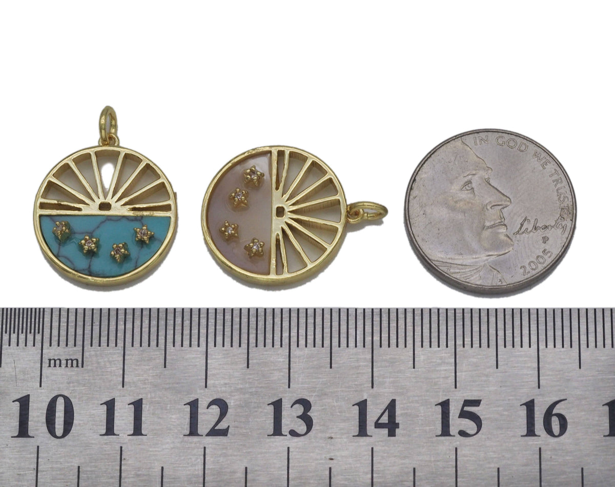 Turquoise Mop CZ Five Point Star On Round Charm, Sku#L691