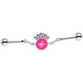 14G Pink Faux Opal Crest Chain Dangle Industrial Barbell 38mm