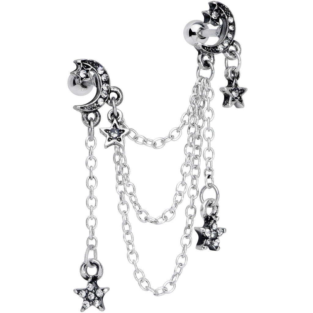 16G 1/4 Clear Gem Moon Star Triple Dangle Cartilage Chain Earring