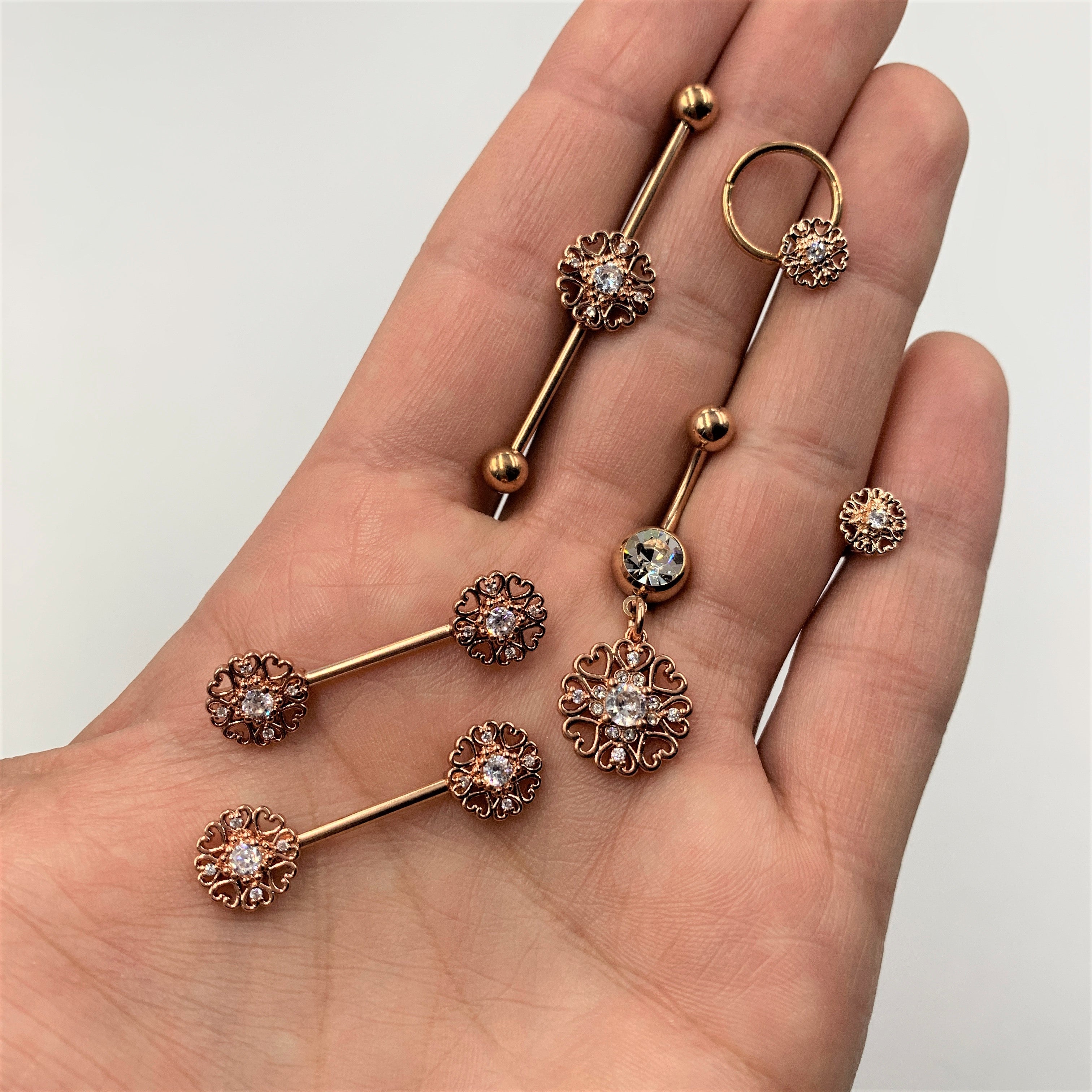 14G 9/16 Clear CZ Gem Rose Gold Hue Heart Barbell Nipple Ring Set