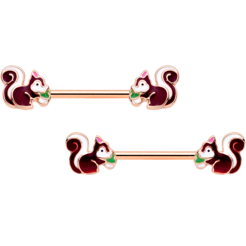 14G 9/16 Rose Gold Tone Snacking Squirrel Barbell Nipple Ring Set