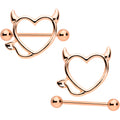 14G 5/8 Rose Gold Tone Devil Heart Valentine Nipple Shield Set