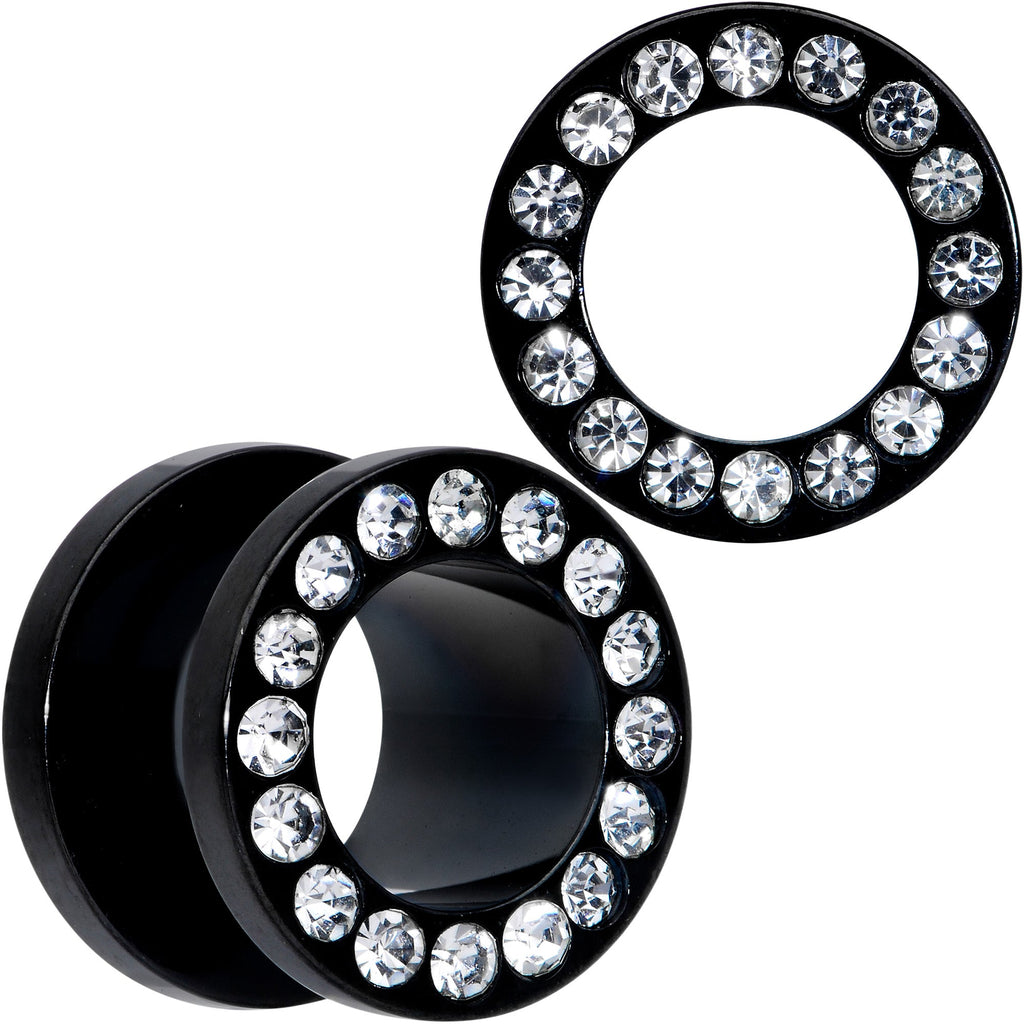 00G Clear Gem Black Anodized Screw Fit Tunnel Plug Set