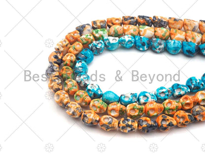 Yellow Blue Orange Mottled Jade Carved Skull Beads, Round Sm
