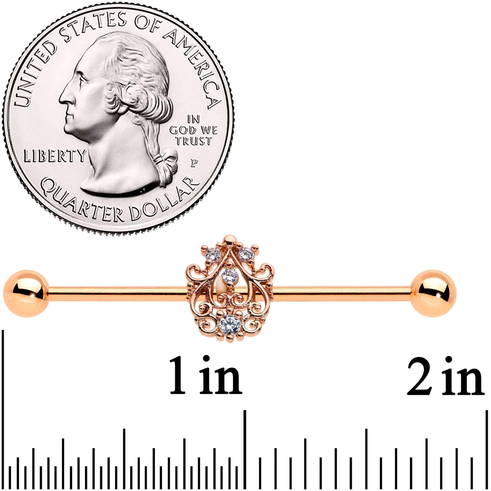 14G Clear CZ Gem Rose Gold Tone Elegant Industrial Barbell 38mm
