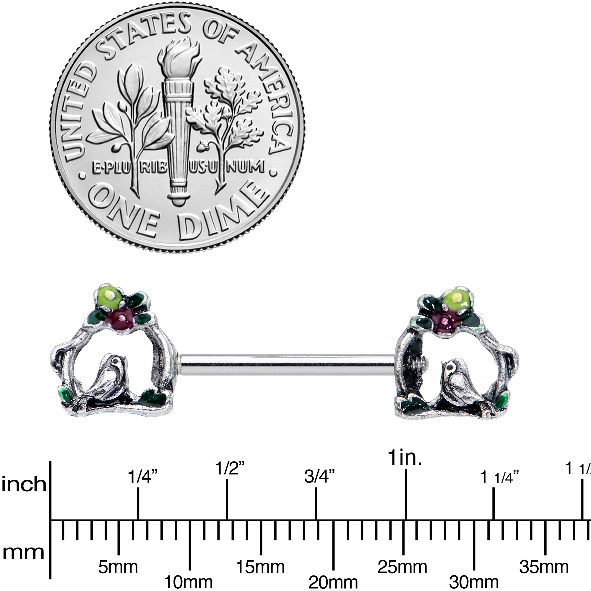 14G 9/16 Purple Yellow Flower Swing Bird Barbell Nipple Ring Set