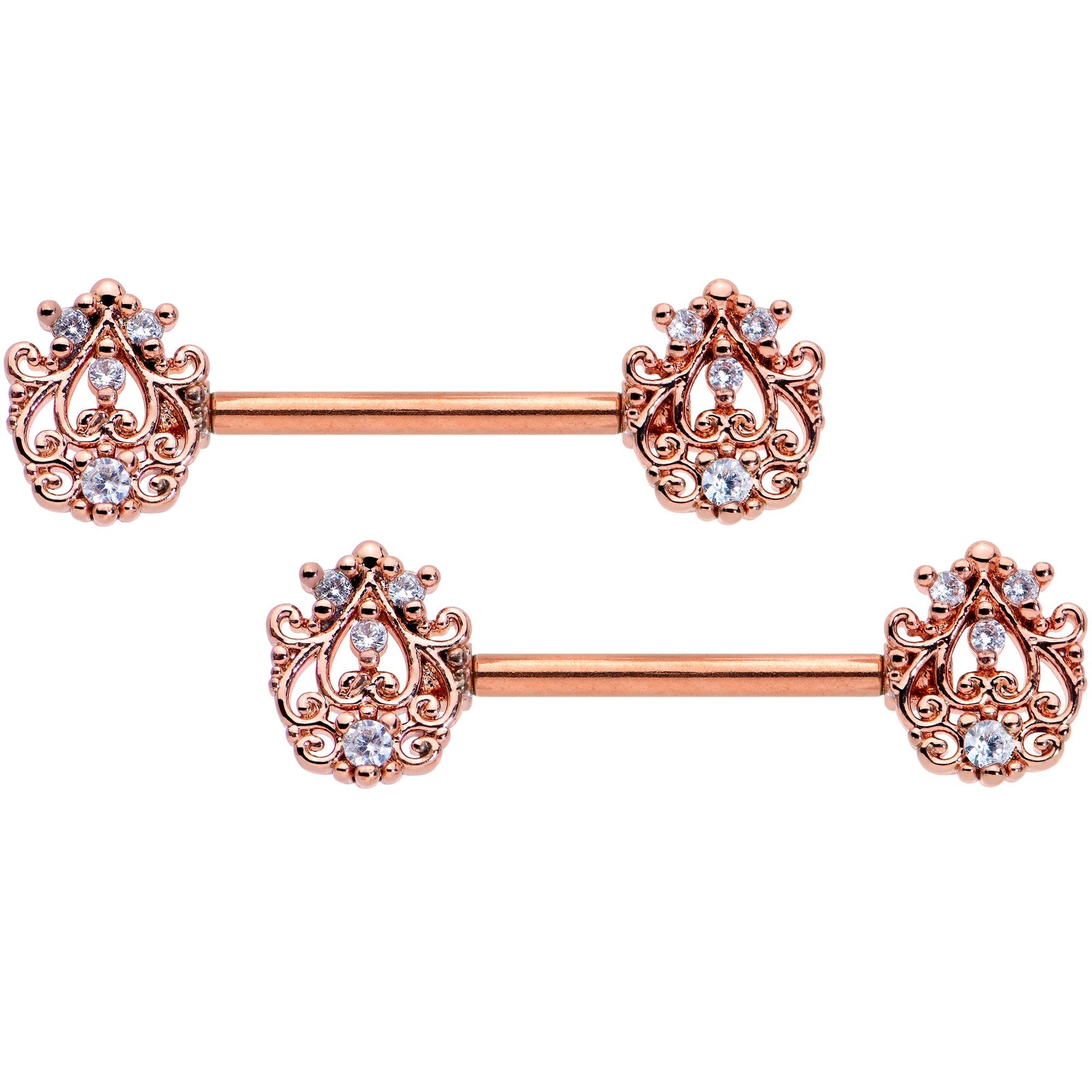 14G 9/16 Clear CZ Gem Rose Gold Tone Elegant Nipple Ring Set