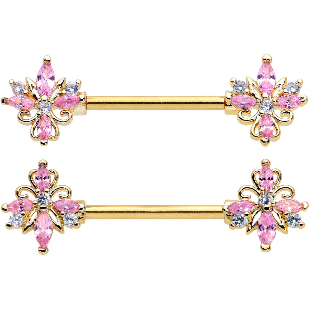 14G 9/16 Pink CZ Gem Gold Tone Pretty Barbell Nipple Ring Set