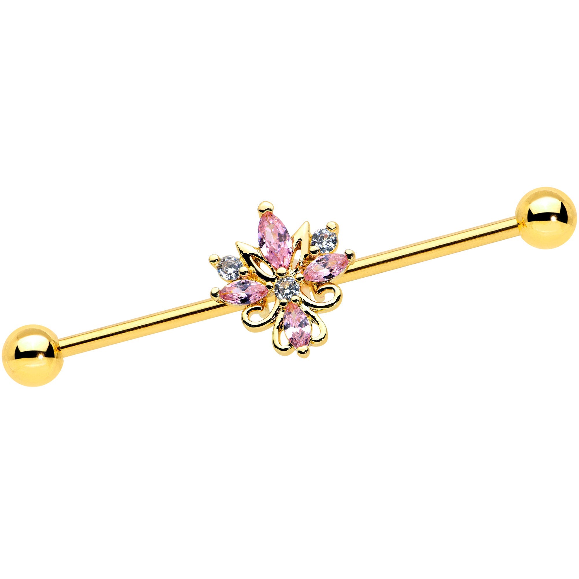 14G Clear Pink CZ Gem Gold Tone Pretty Industrial Barbell 38mm