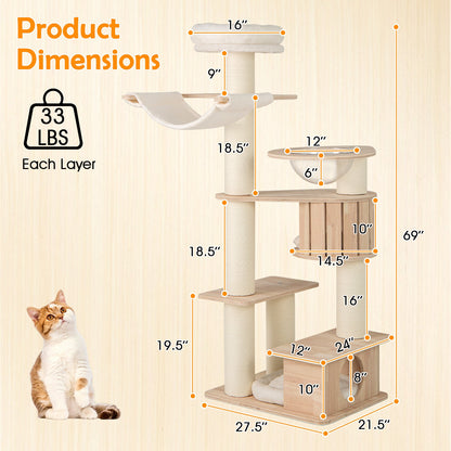 69 Inches Tall Cat Tree with Cozy Top Perch and Washable Plush Cushions
