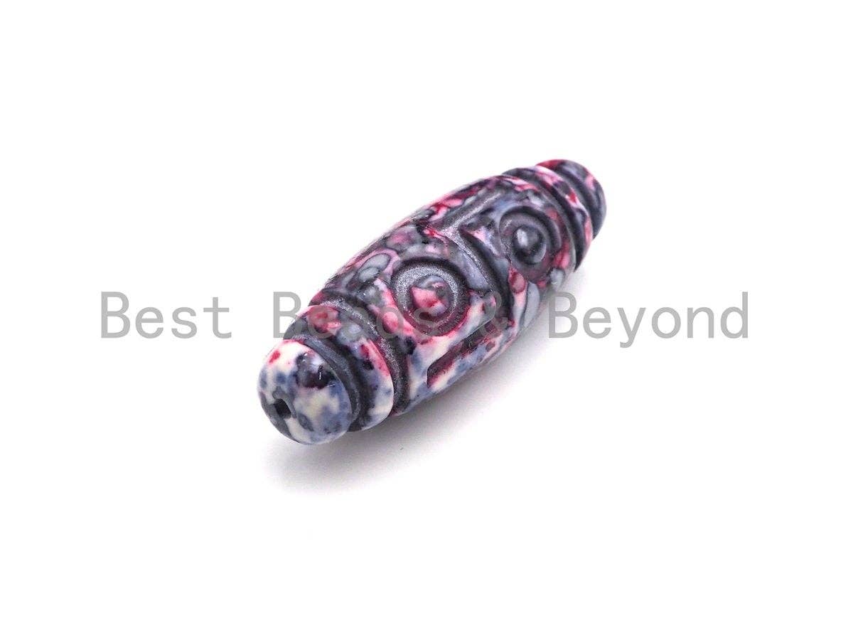 Colorful Engraved Long Oval Tibetan Spacer Beads, Multicolor