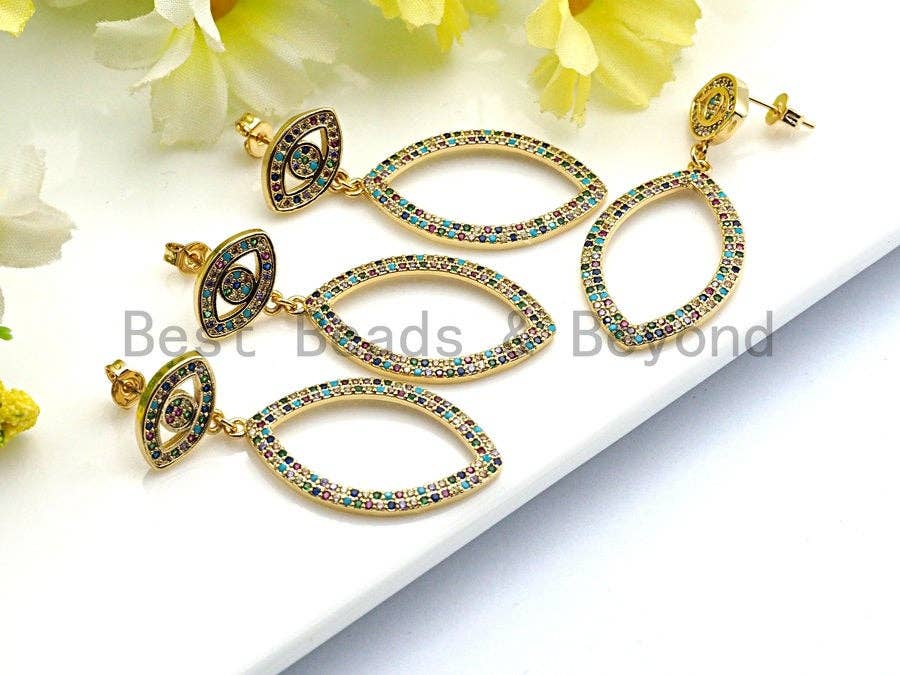 Rainbow CZ Micro Pave Evil Eye With Oval Dangles Earring, Da
