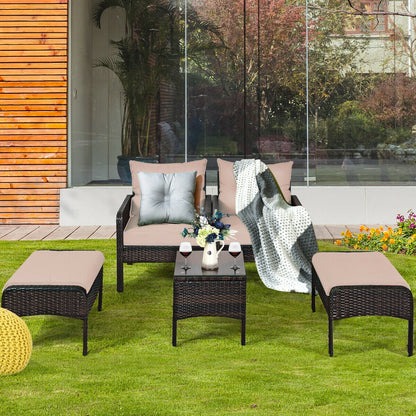 5 Pieces Patio Rattan Sofa Ottoman Furniture Set with Cushions-Black