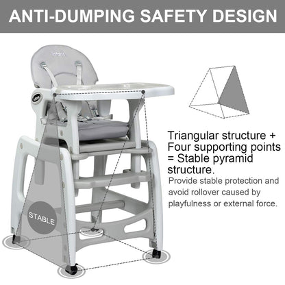 3-in-1 Baby High Chair with Lockable Universal Wheels-Gray