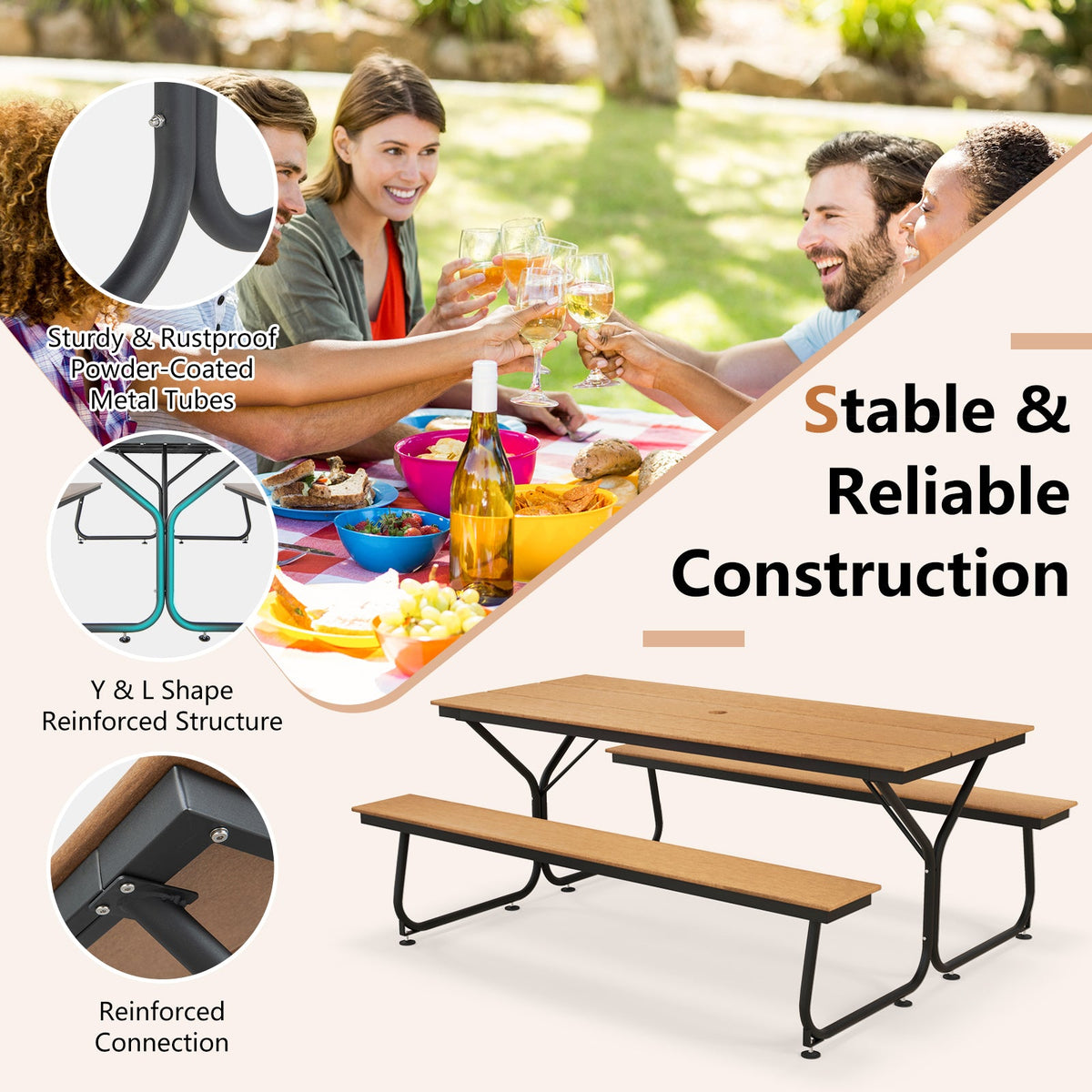 6 Feet Outdoor Picnic Table Bench Set for 6-8 People