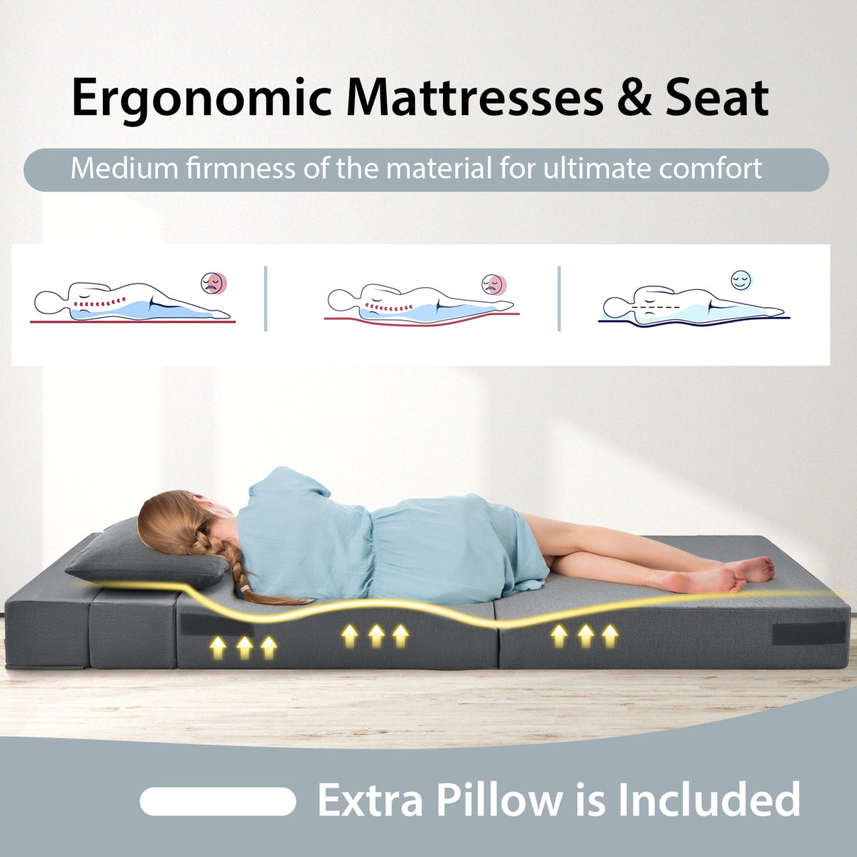 6 Inch Tri-fold Sofa Bed Folding Mattress with Pillow