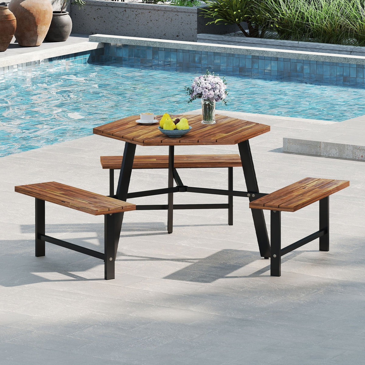 6 Person Acacia Wood Picnic Table Bench Set with 3 Seats
