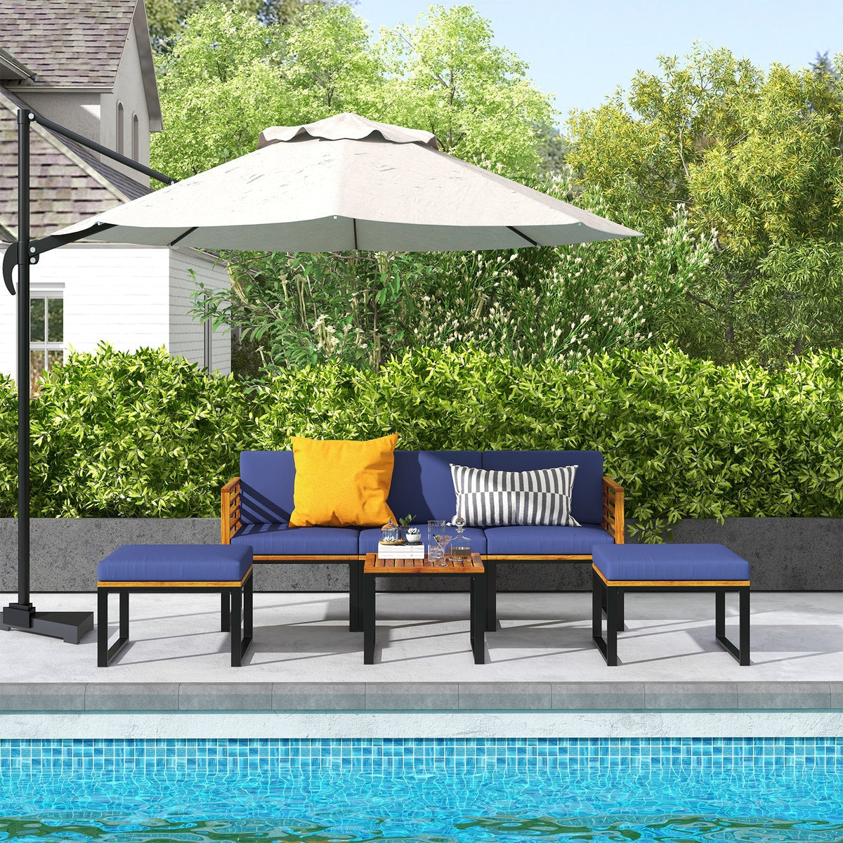 6 Piece Patio Acacia Wood Conversation Sofa Set with Ottomans and Coffee Table-Navy