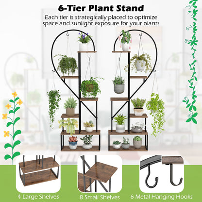 6-Tier Metal Plant Stand 2 Half-Heart-Shape Ladder Plant Shelves-Coffee