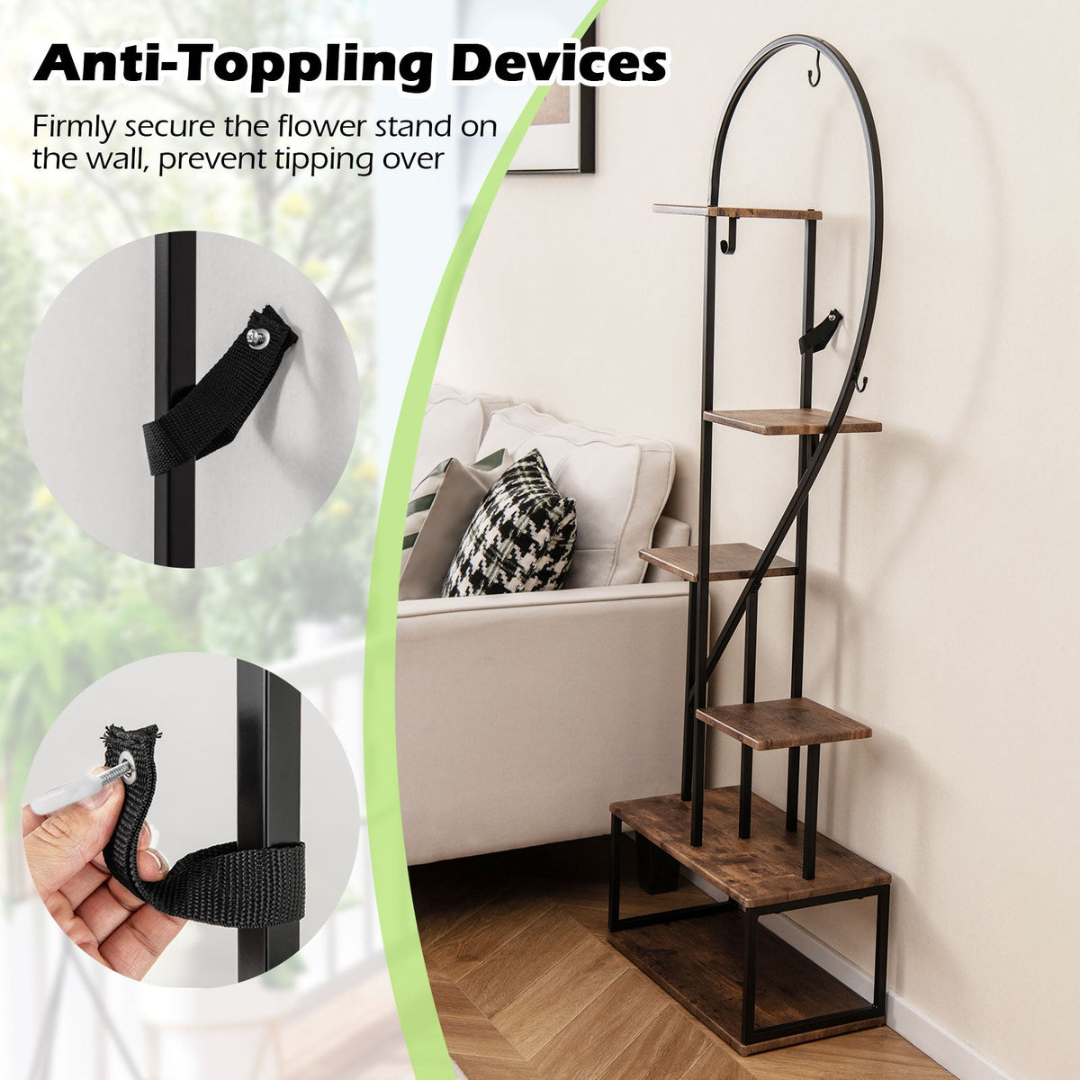 6-Tier Metal Plant Stand 2 Half-Heart-Shape Ladder Plant Shelves-Coffee