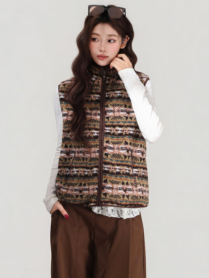 Retro Stand-collar Lamb Wool Vest Women's Cardigan Jacket For Autumn And Winter Layering