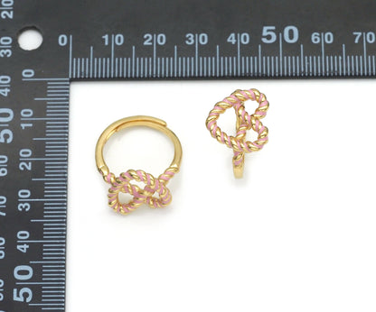 Gold Enamel Pink Twist Heart Adjustable Ring, Sku#B338