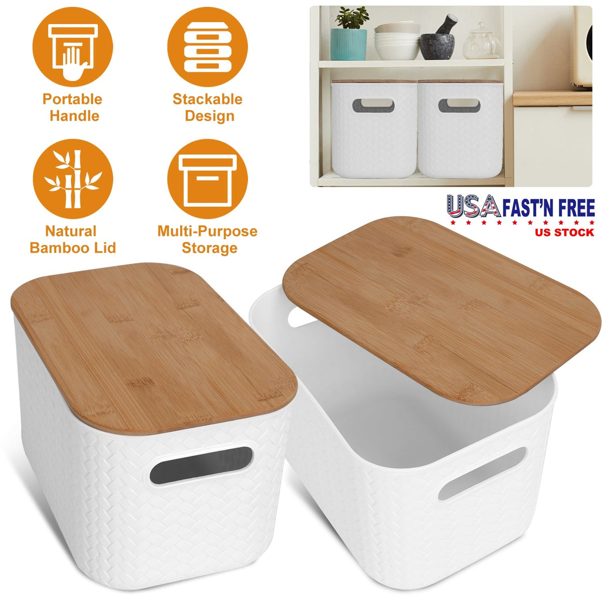 Stackable Storage Bins with Bamboo Lids - 2 Pack