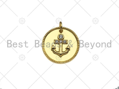Gold Filled CZ Micro Pave Boat Anchor On Round Coin Shape Pendant, 18K Gold Filled Medallion  Charm, Necklace Bracelet Charm,16mm,Sku#LK340
