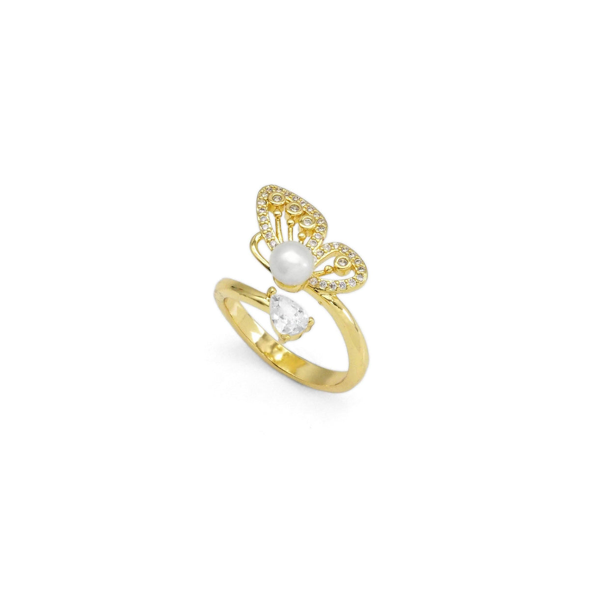 Gold CZ White Pearl Butterfly Drop Shape Adjustable Ring, Sku#LD497
