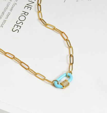 Mini Enamel Oval Clasp Paperclip Necklace, Sku#CL06