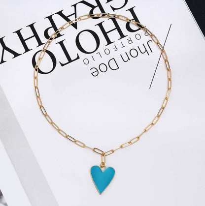 Enamel Heart Paperclip Chain Necklace, Sku#CL04