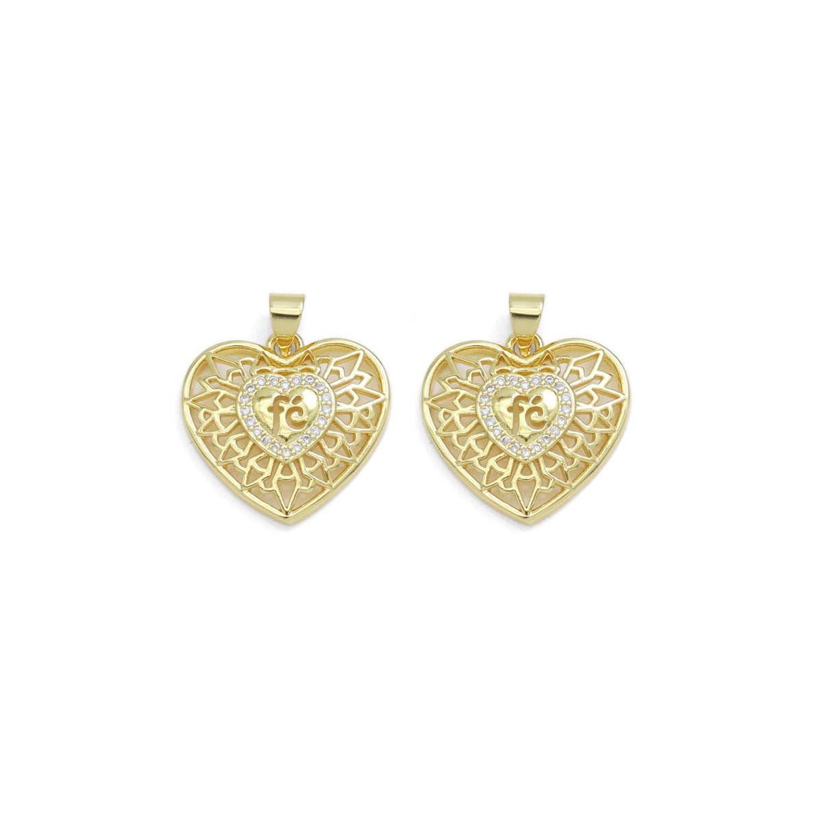 CZ Gold Filigree Fe Heart Charm, Sku#LK912
