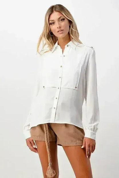 Oversized Military Blouse – Gold Button Long Sleeve Top | Femstylo