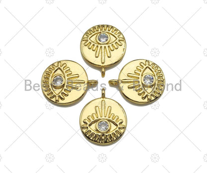 Clear CZ Micro Pave Evil Eye on Disc Pendant/Charm, Lucky Eye Cubic Zirconia Pendant, Real Gold Plated Charm Pendant,15x18mm,Sku#L304