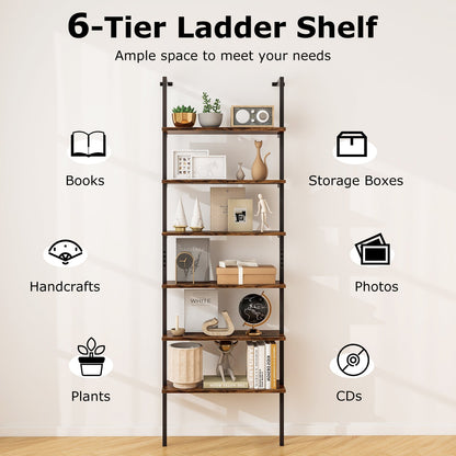 6-tier Ladder Shelf 72 Inches Industrial Wall Mounted Bookshelf
