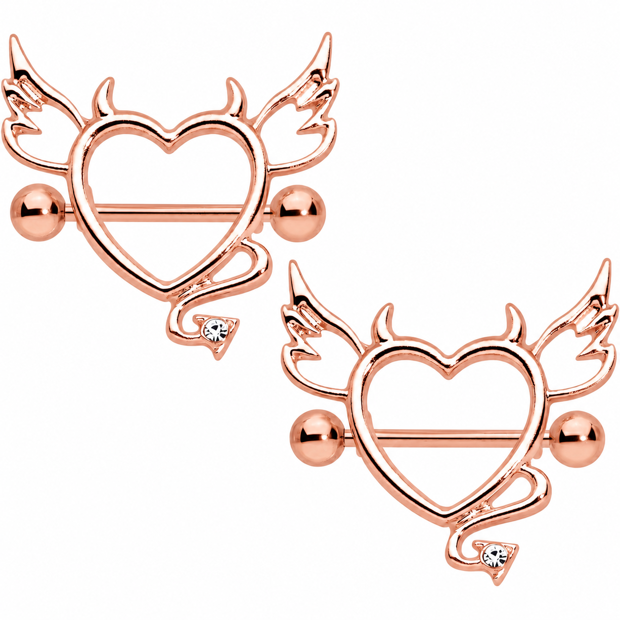 14G 9/16 Clear Gem Rose Gold Tone Devil Heart Nipple Shield Set