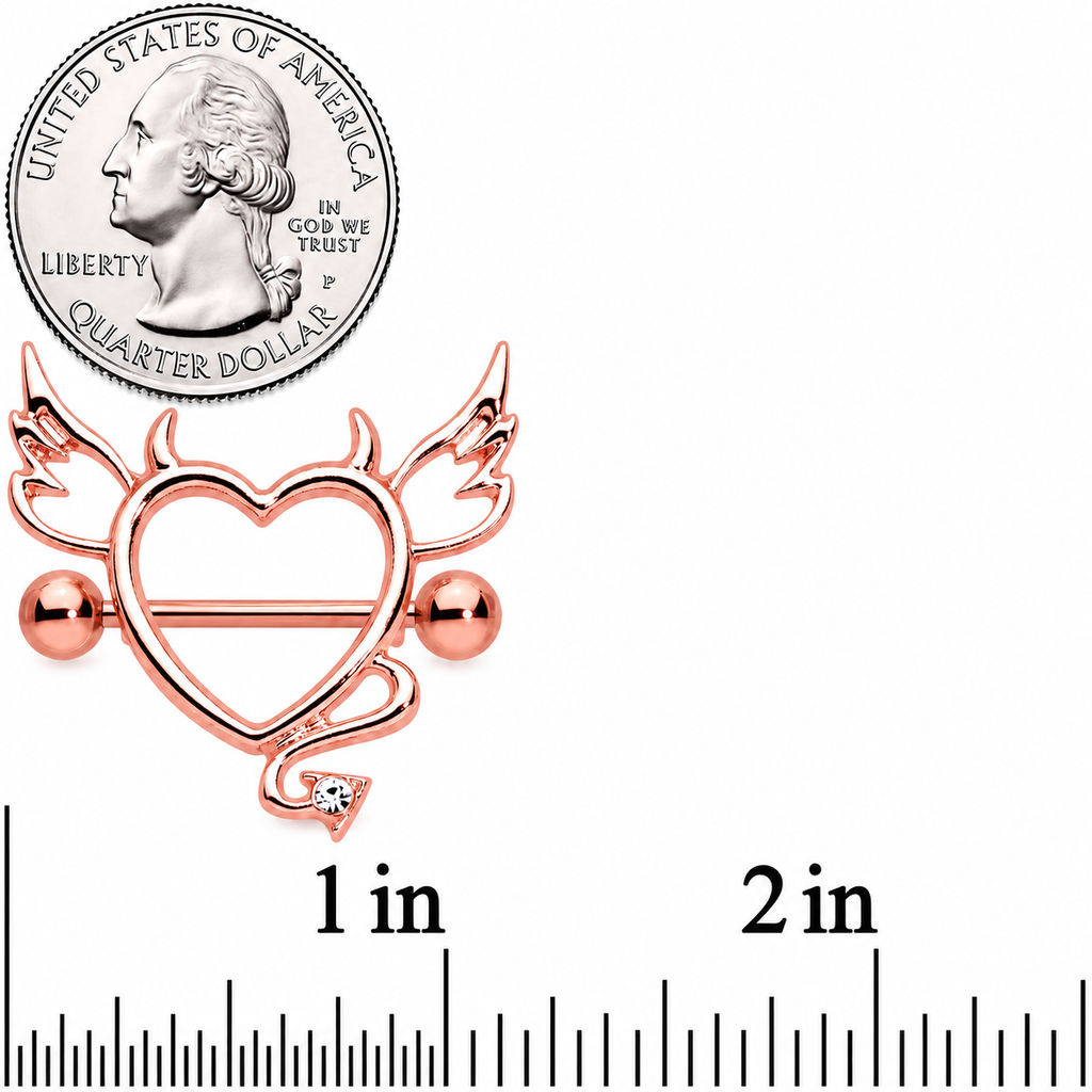 14G 9/16 Clear Gem Rose Gold Tone Devil Heart Nipple Shield Set