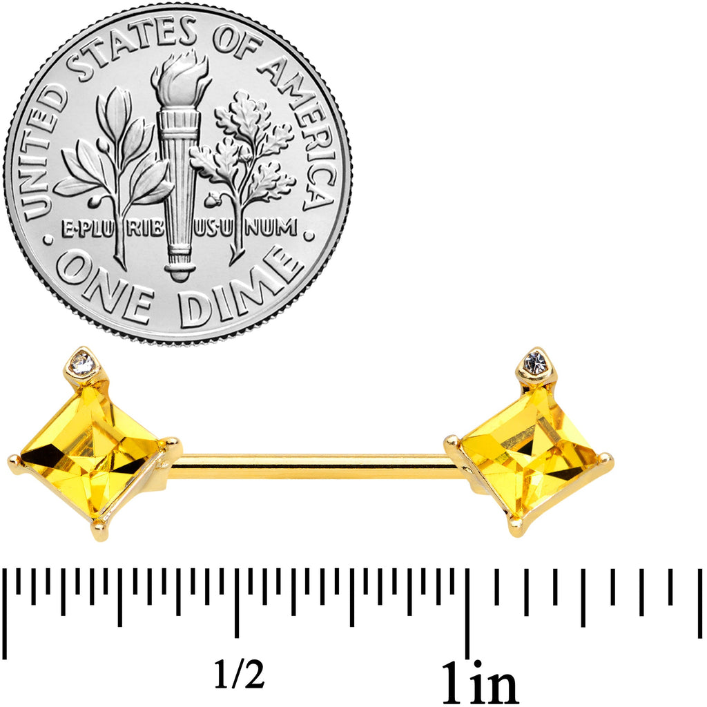 14G 5/8 Clear Yellow Gem Gold Tone Rhombus Barbell Nipple Ring Set