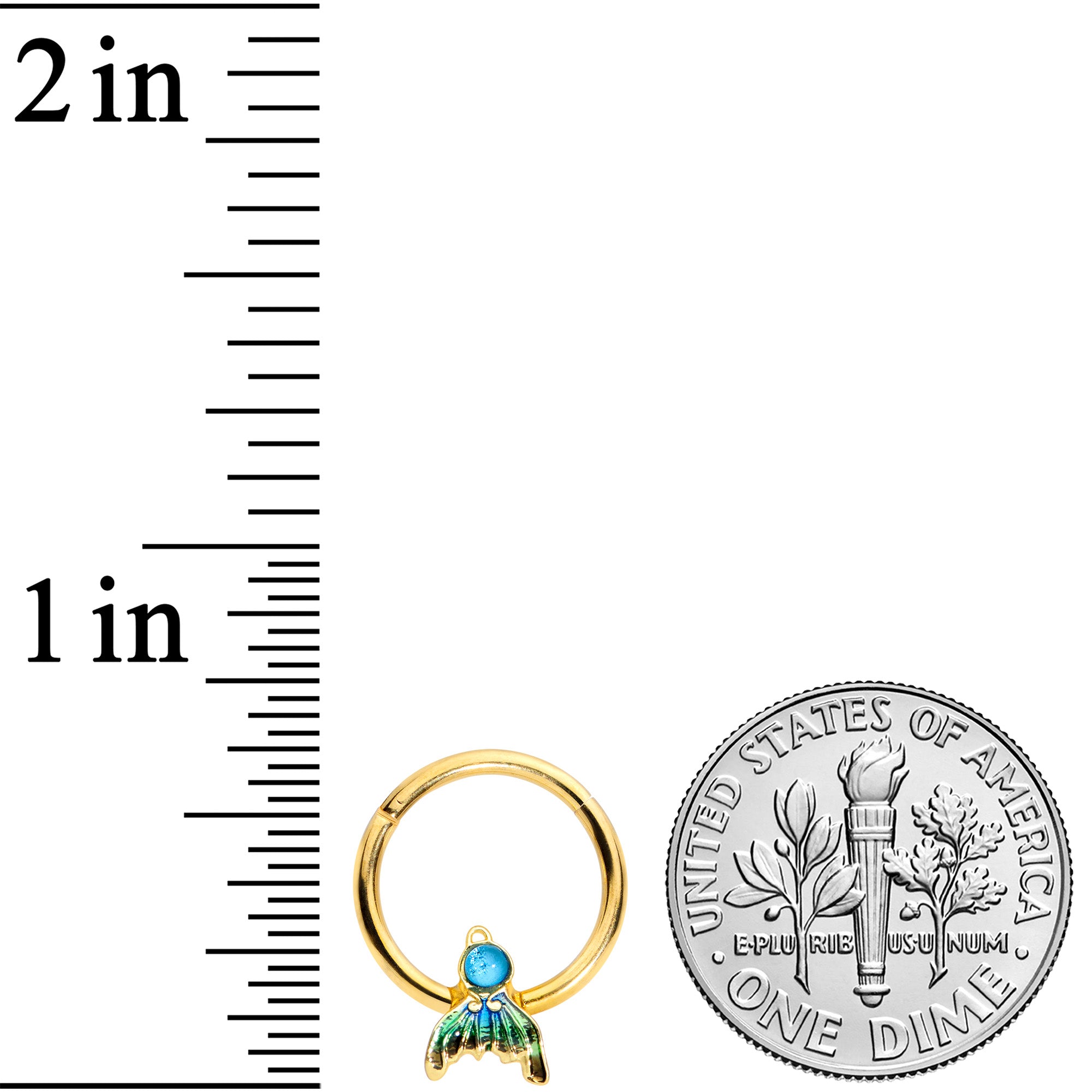 16G 3/8 Gold Tone Blue Green Mermaid Tail Hinged Segment Ring