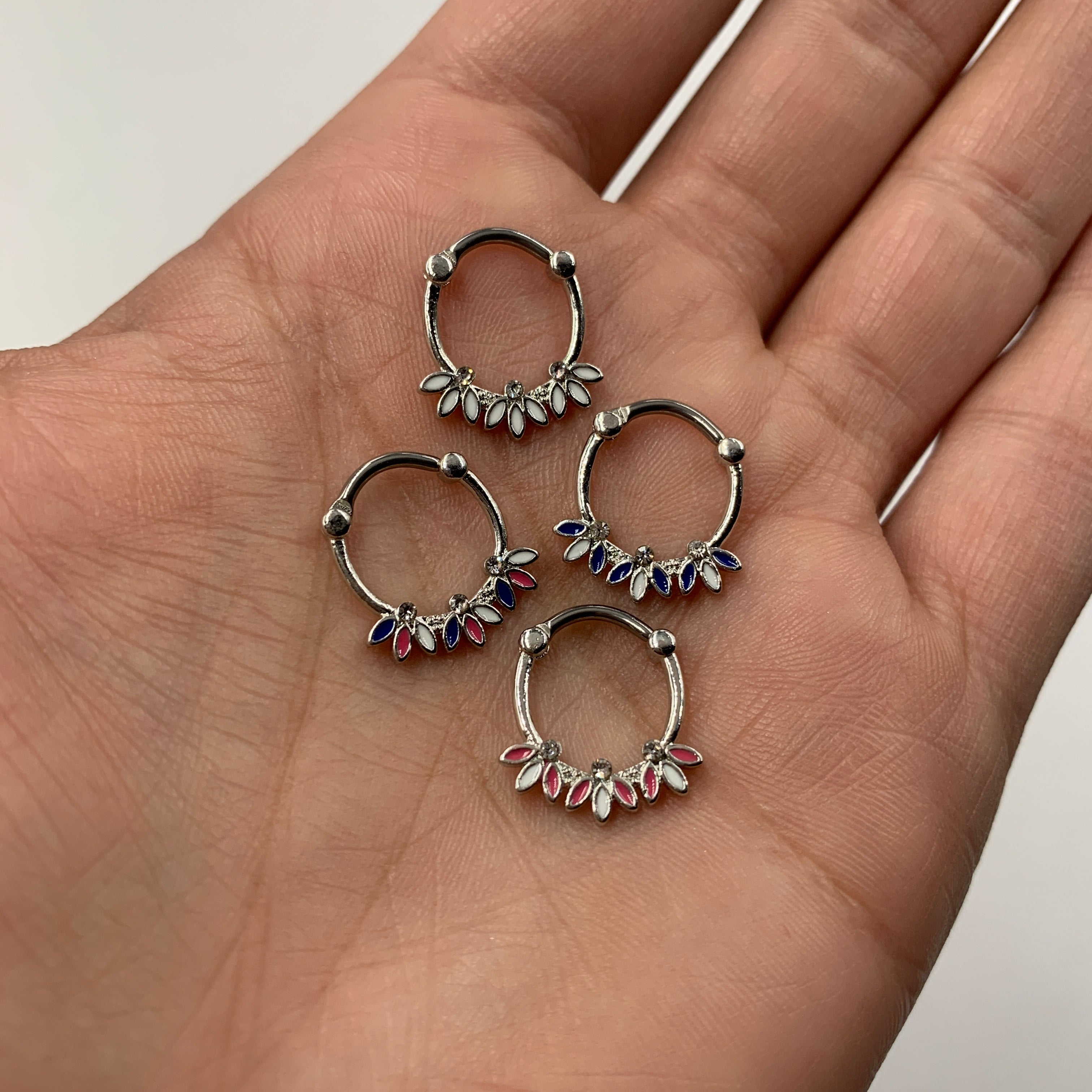 16G 3/8 Clear Gem White Pink Leaves Septum Clicker