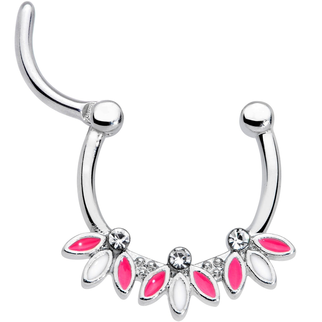 16G 3/8 Clear Gem White Pink Leaves Septum Clicker